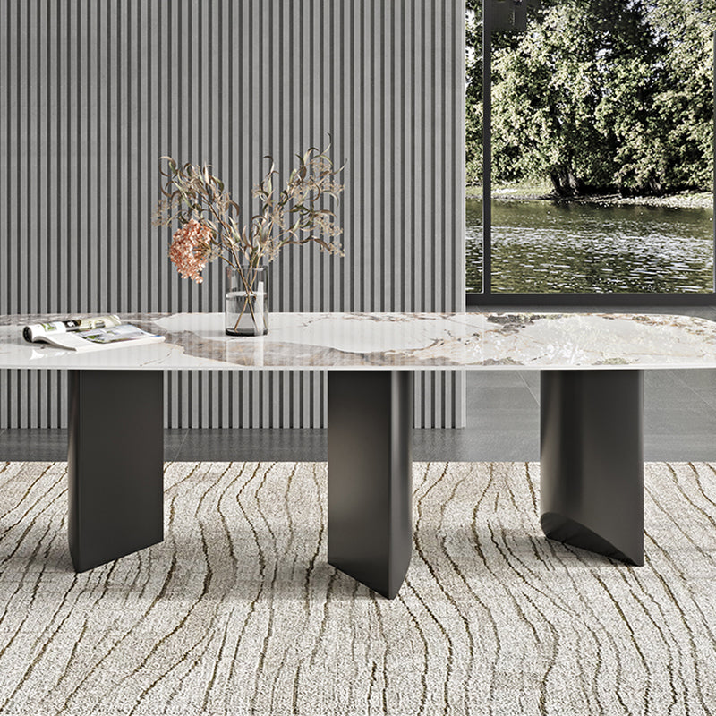 Rectangle Dining Table Sintered Stone Top Modern White Table with Black Legs