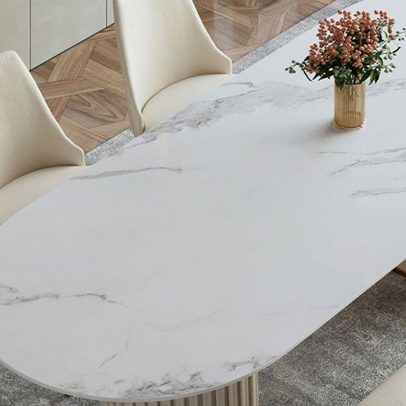 Contemporary White Oval DiningTable Sintered Stone Top Double Pedestal Table