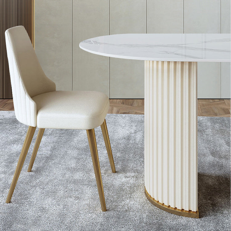 Contemporary White Oval DiningTable Sintered Stone Top Double Pedestal Table