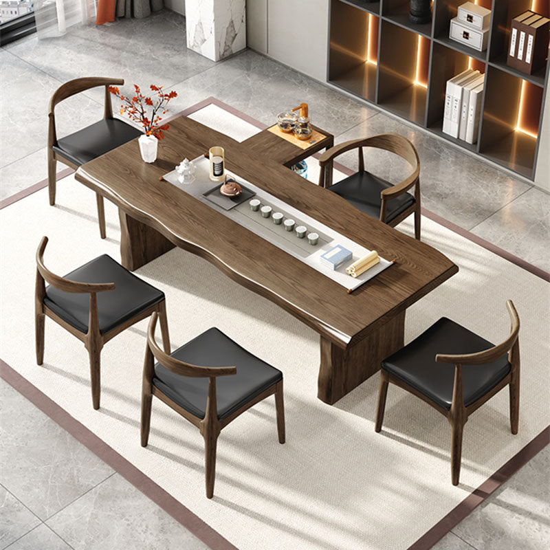 Modern Double Pedestal Dining Table Solid Wood Dining Room Kitchen Table in Brown