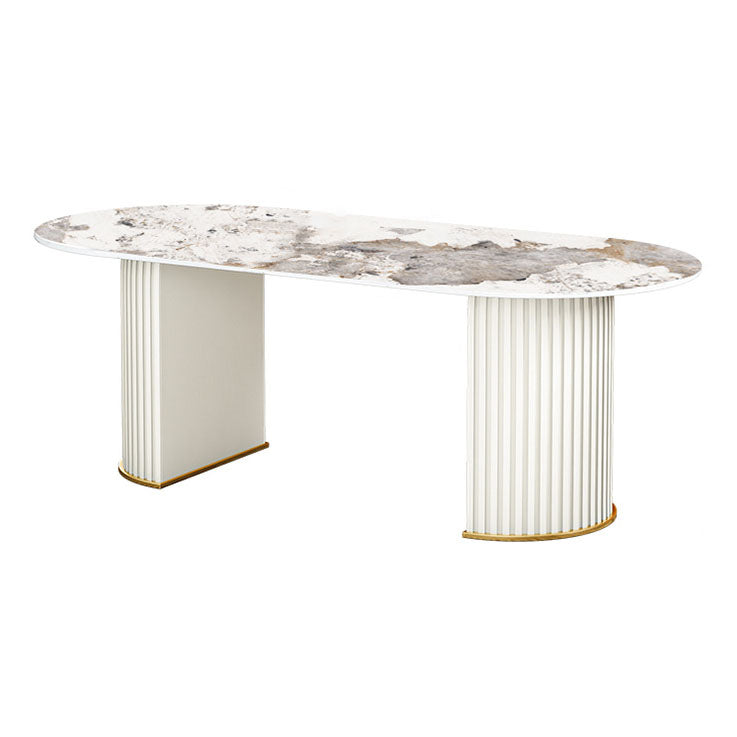 Contemporary Oval Table Sintered Stone Top Double Pedestal Dining Table