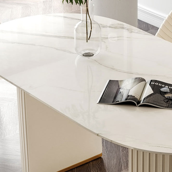 Contemporary Oval Table Sintered Stone Top Double Pedestal Dining Table