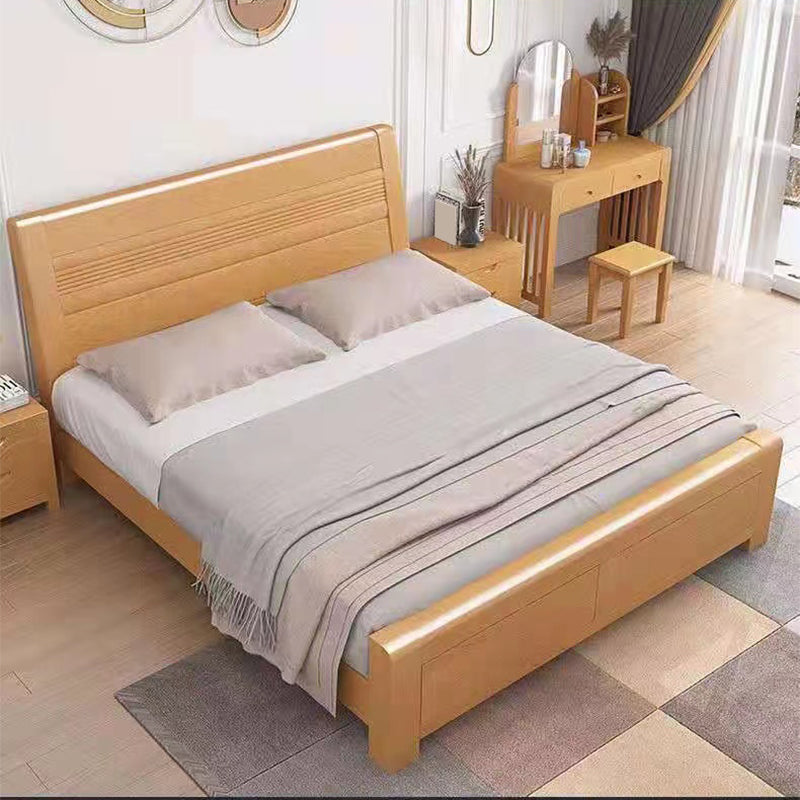 Scandinavian Natural Wooden Sleigh Bed with Rectangular Headboard