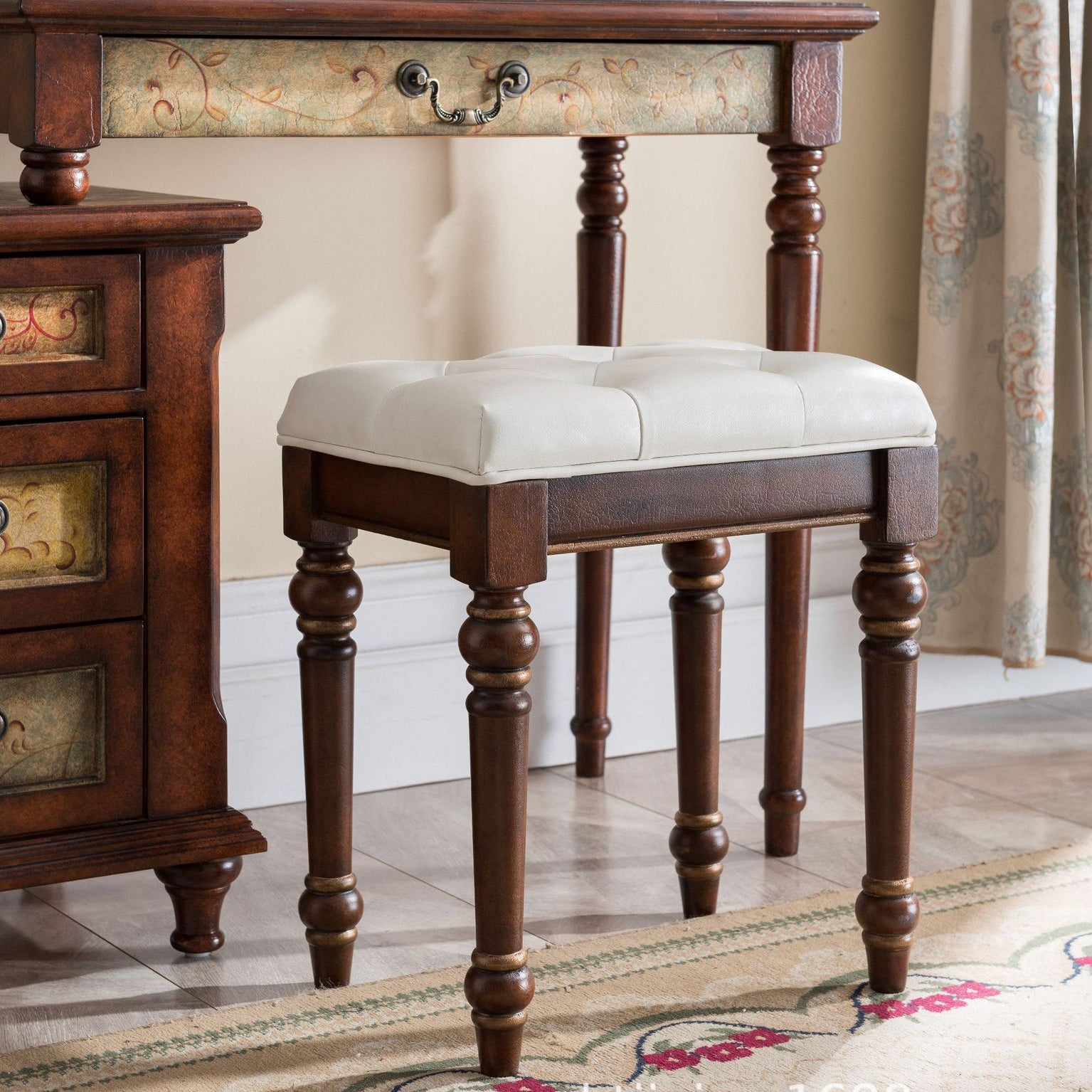 Victorian Wood Vanity and Stool Dressing Table with Storage Drawers
