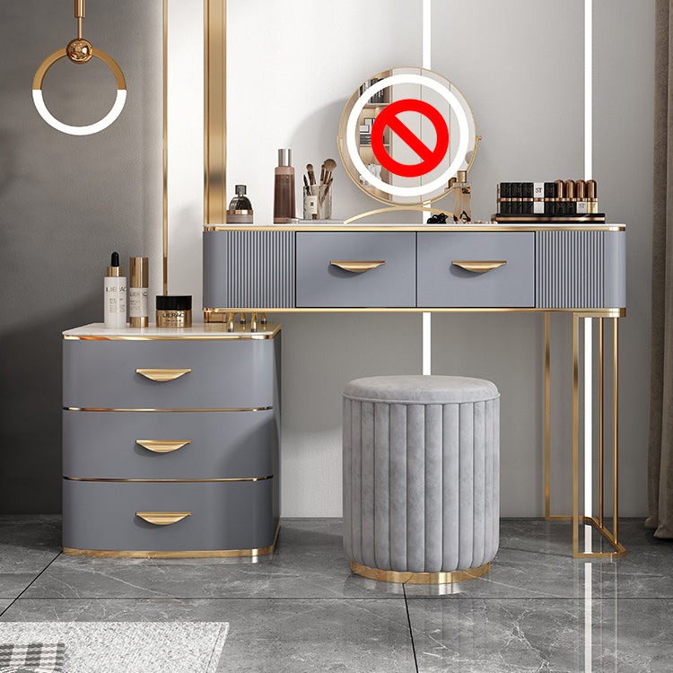 Solid Wood Drawers Vanity Set with Stone Top & Padded Stool in Grey