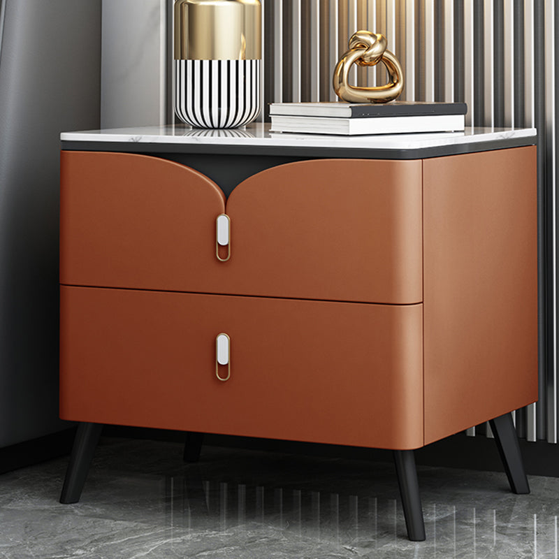 18 Inch H Night Table Modern Solid Wood 2-Drawer Stone Top Faux Leather Nightstand