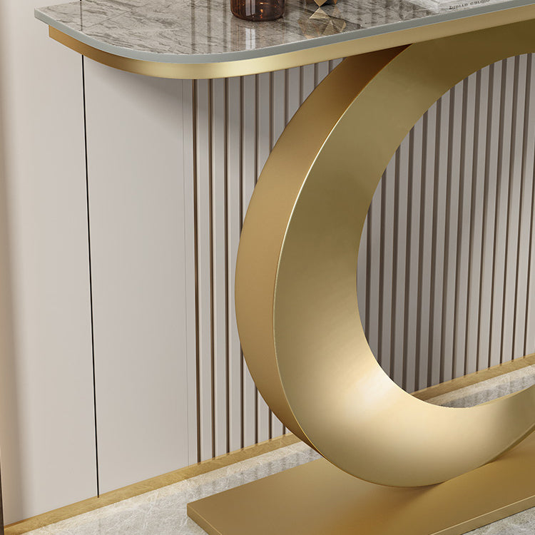 Stain Resistant Console Table with Iron Pedestal Base and Stone Top