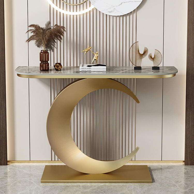 Stain Resistant Console Table with Iron Pedestal Base and Stone Top