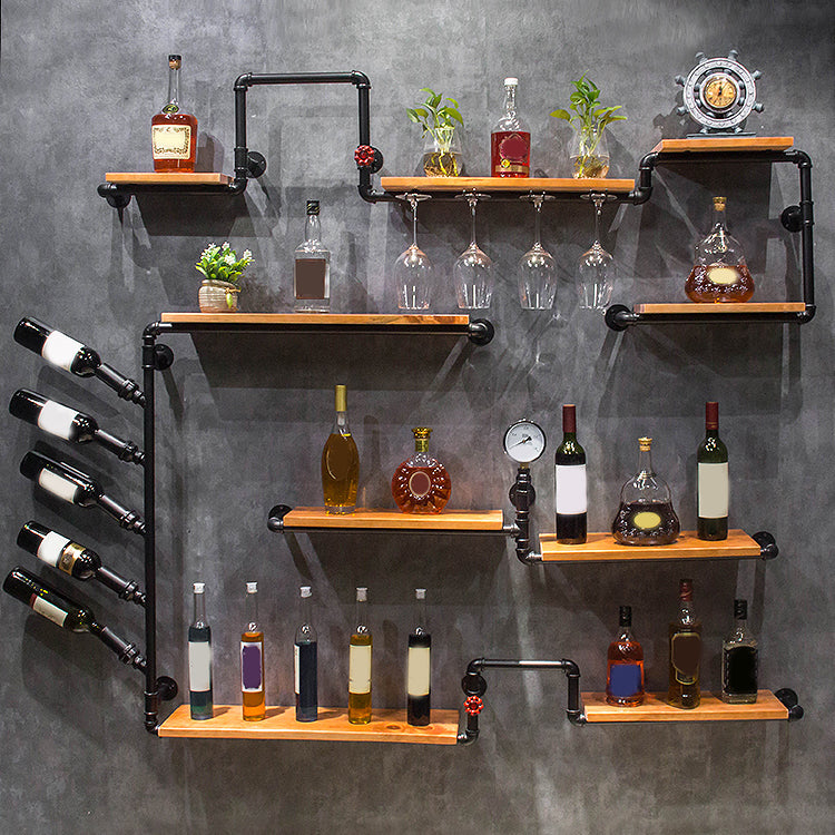 Matte Black Solid Wood Wine Rack Bottle Industrial Wall Mounted Bottle Rack Wood and Metal