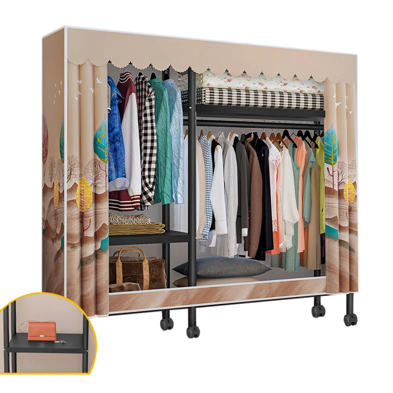 Black Steel Frame Wardrobe Modern Style Wardrobe Armoire with Caster Wheels