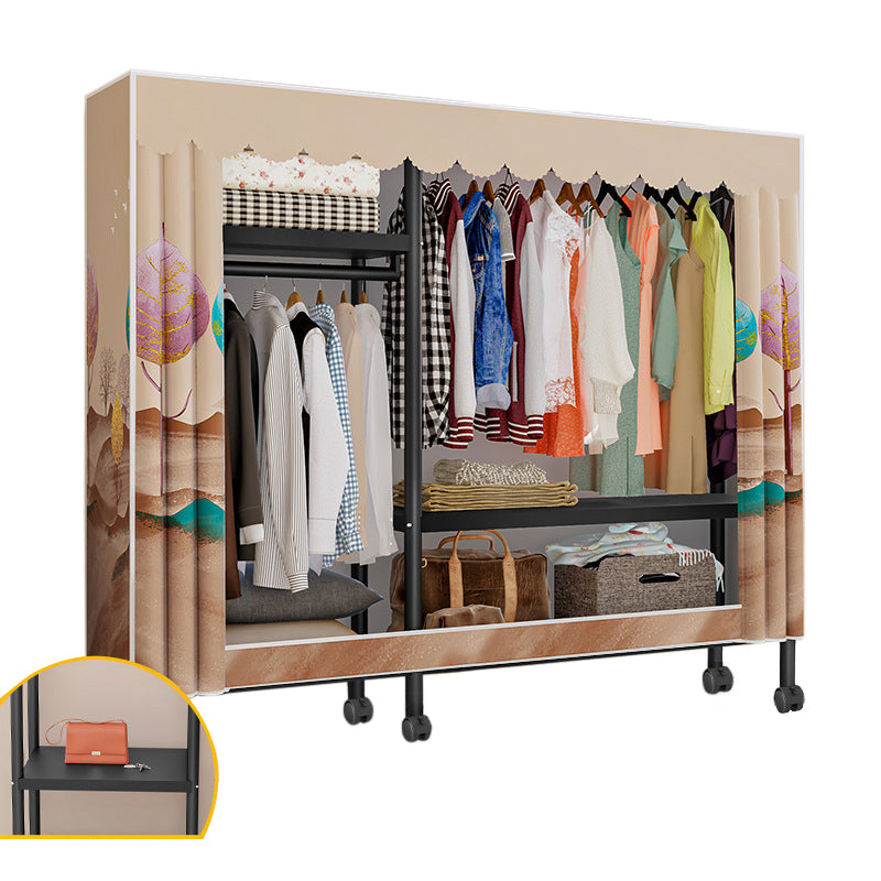 Black Steel Frame Wardrobe Modern Style Wardrobe Armoire with Caster Wheels