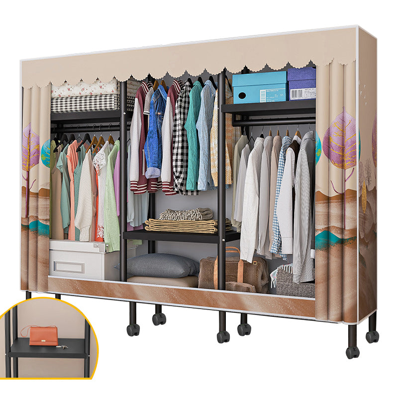 Black Steel Frame Wardrobe Modern Style Wardrobe Armoire with Caster Wheels