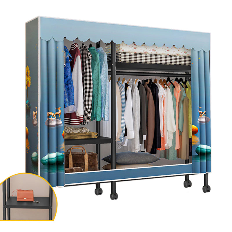 Black Steel Frame Wardrobe Modern Style Wardrobe Armoire with Caster Wheels