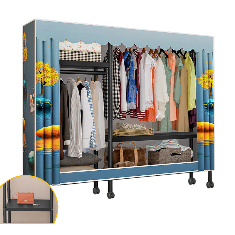 Black Steel Frame Wardrobe Modern Style Wardrobe Armoire with Caster Wheels