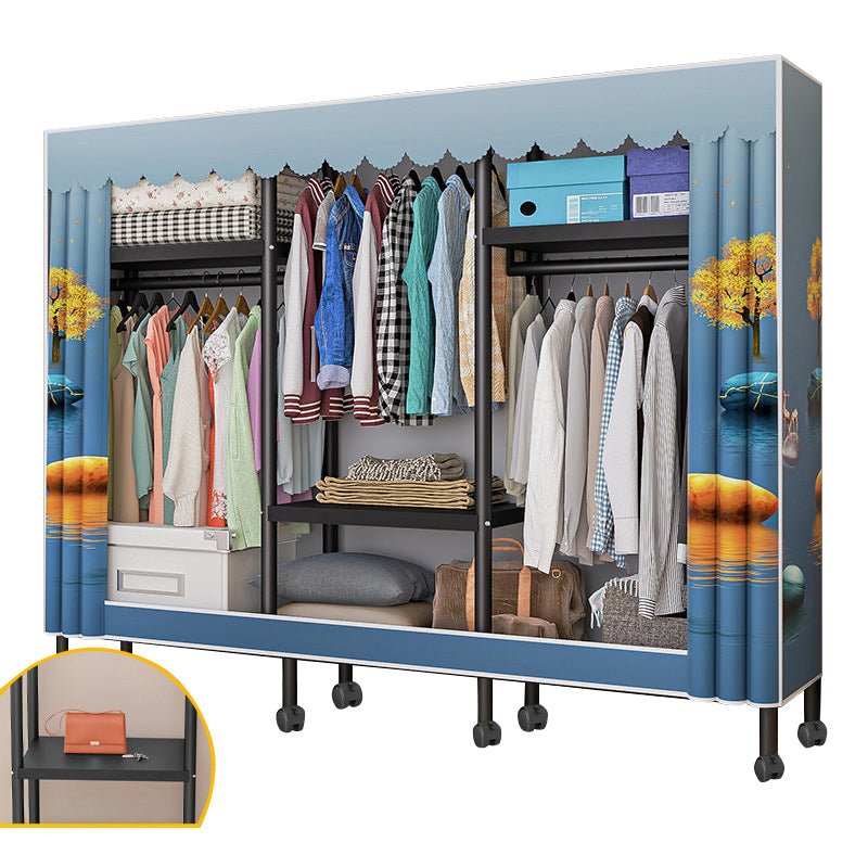 Black Steel Frame Wardrobe Modern Style Wardrobe Armoire with Caster Wheels