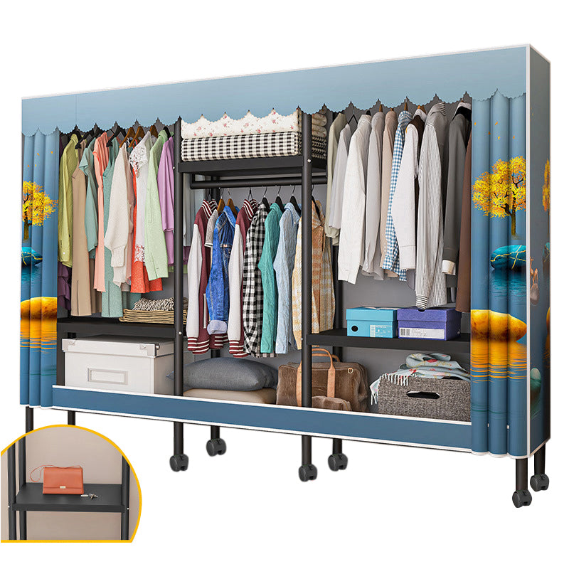 Black Steel Frame Wardrobe Modern Style Wardrobe Armoire with Caster Wheels