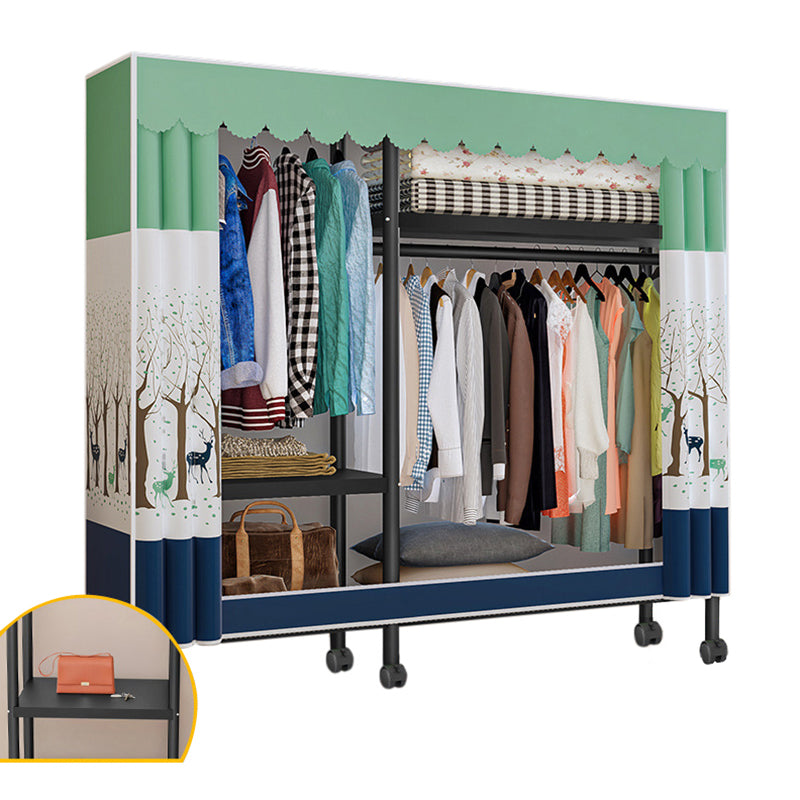 Black Steel Frame Wardrobe Modern Style Wardrobe Armoire with Caster Wheels