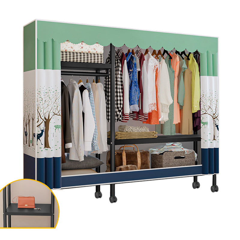 Black Steel Frame Wardrobe Modern Style Wardrobe Armoire with Caster Wheels