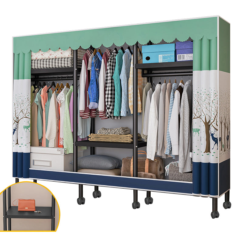 Black Steel Frame Wardrobe Modern Style Wardrobe Armoire with Caster Wheels