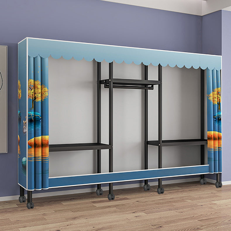 Black Steel Frame Wardrobe Modern Style Wardrobe Armoire with Caster Wheels