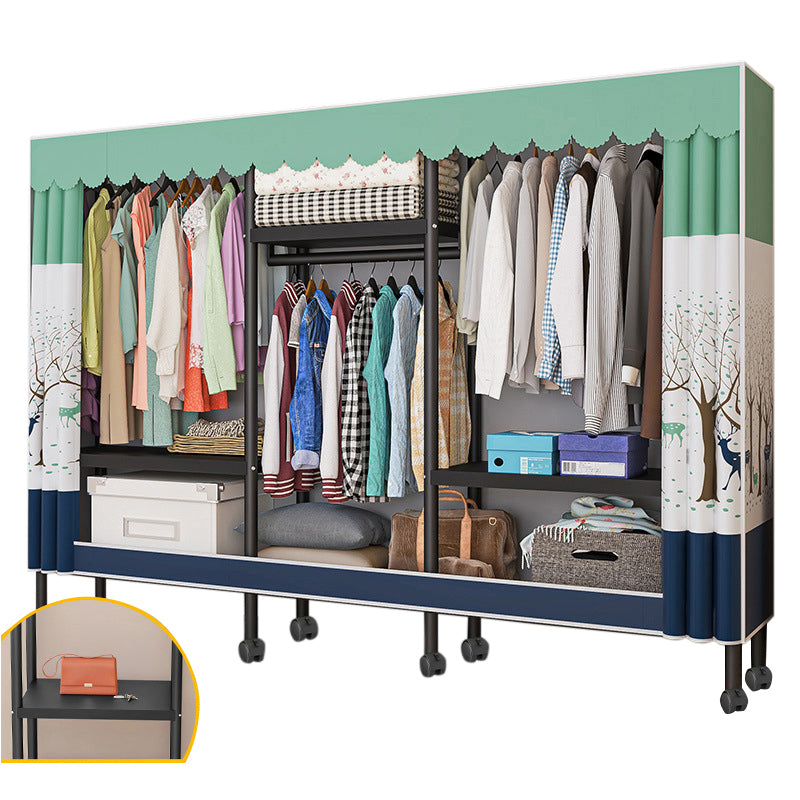 Black Steel Frame Wardrobe Modern Style Wardrobe Armoire with Caster Wheels