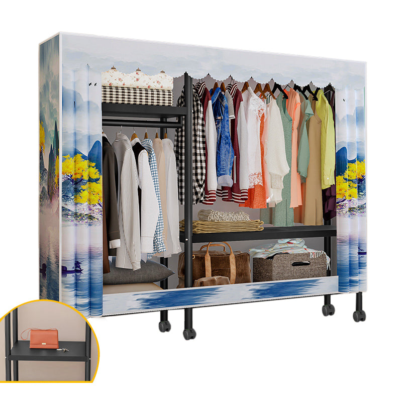 Black Steel Frame Wardrobe Modern Style Wardrobe Armoire with Caster Wheels