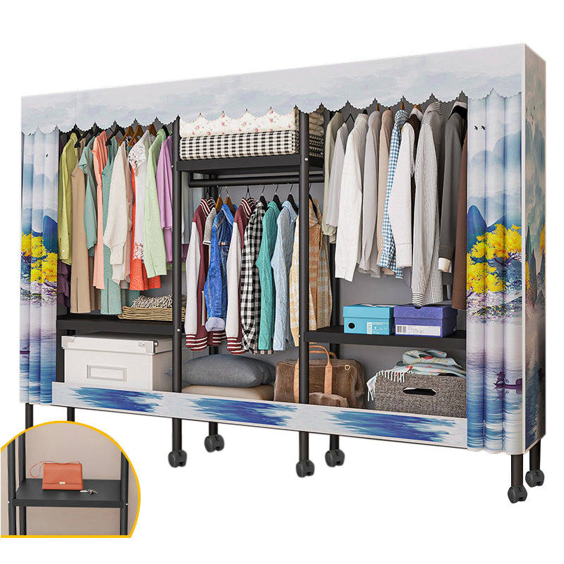 Black Steel Frame Wardrobe Modern Style Wardrobe Armoire with Caster Wheels