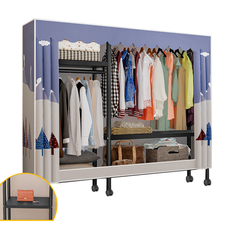 Black Steel Frame Wardrobe Modern Style Wardrobe Armoire with Caster Wheels