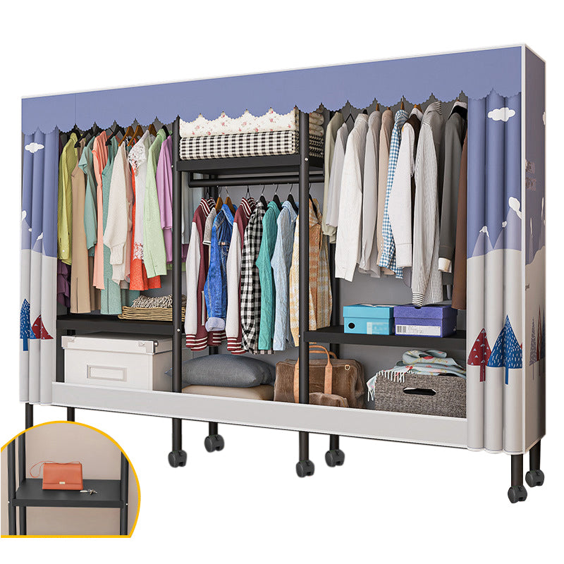 Black Steel Frame Wardrobe Modern Style Wardrobe Armoire with Caster Wheels