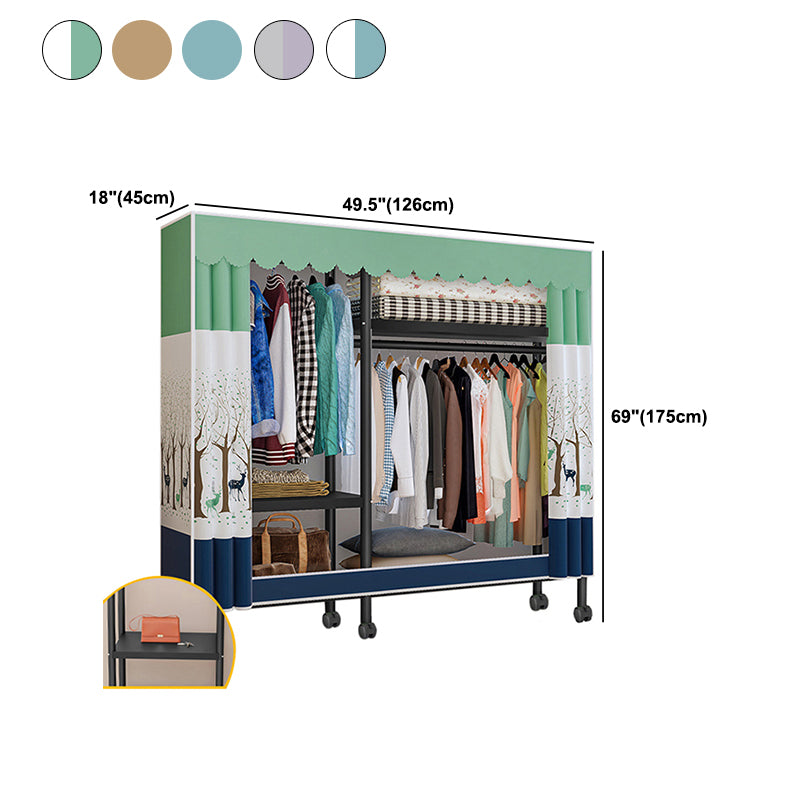 Black Steel Frame Wardrobe Modern Style Wardrobe Armoire with Caster Wheels