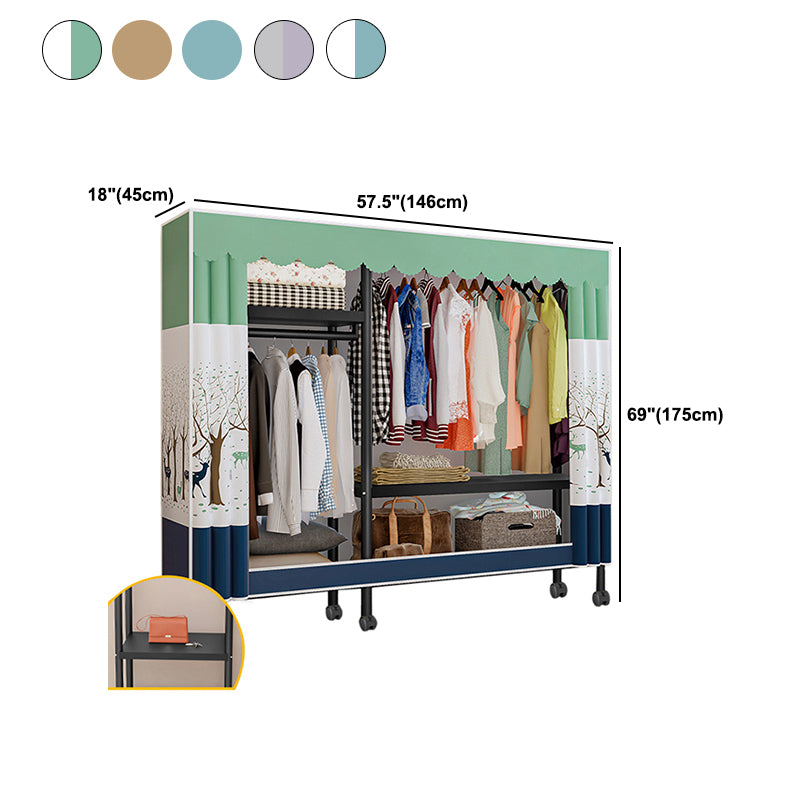 Black Steel Frame Wardrobe Modern Style Wardrobe Armoire with Caster Wheels