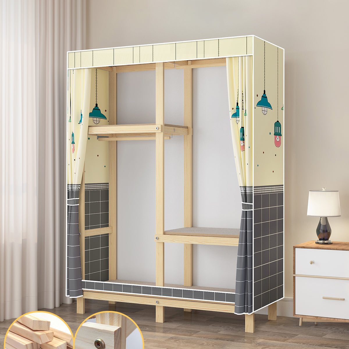 Contemporary Style Wardrobe Pine Solid Wood Wardrobe Closet with Legs