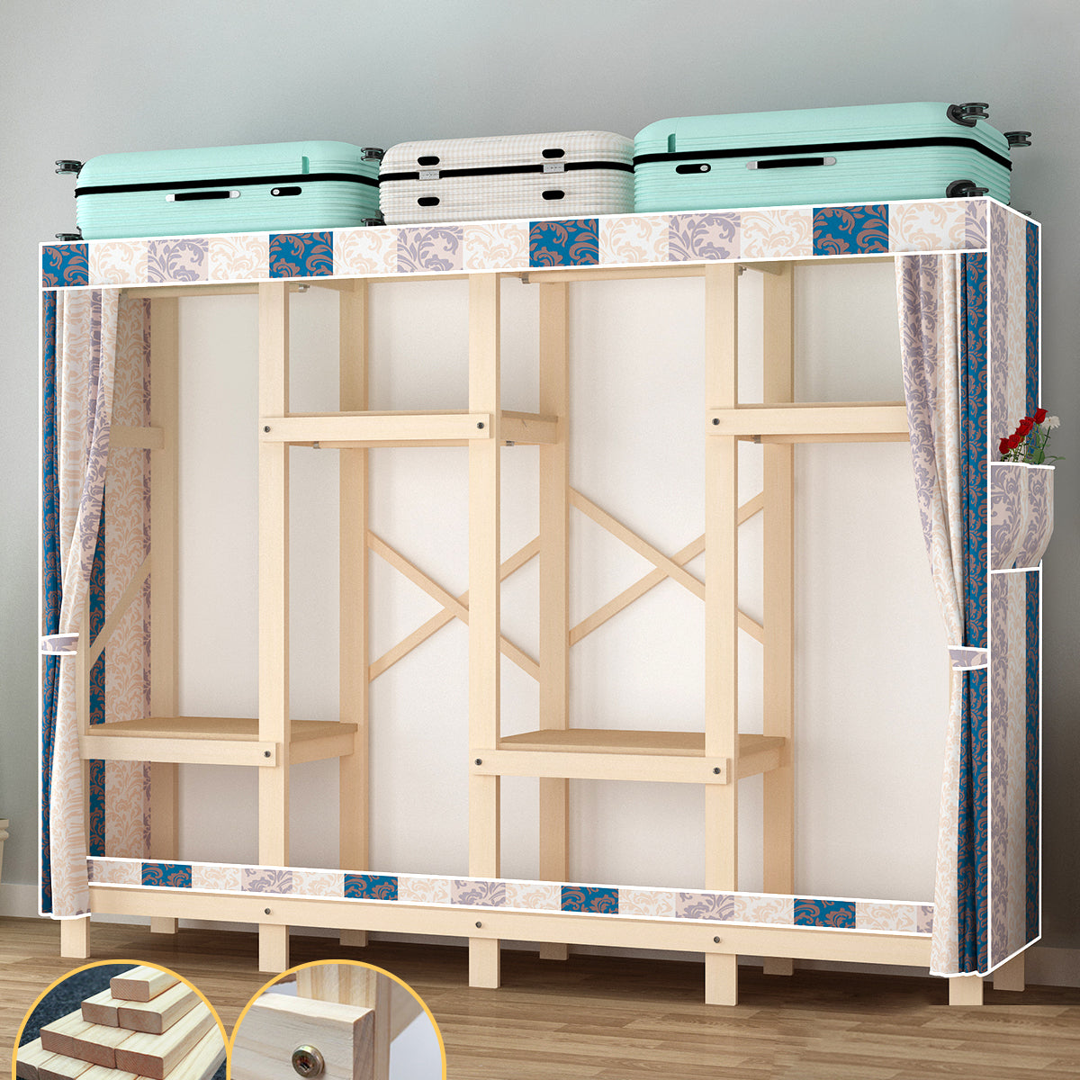 Contemporary Style Wardrobe Pine Solid Wood Wardrobe Closet with Legs