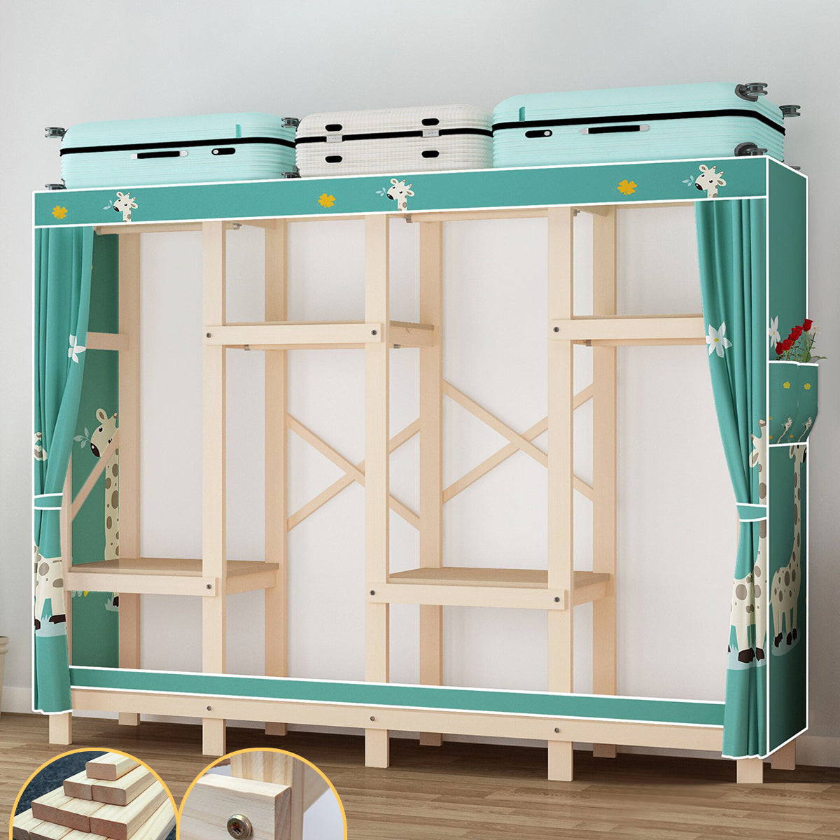 Contemporary Style Wardrobe Pine Solid Wood Wardrobe Closet with Legs