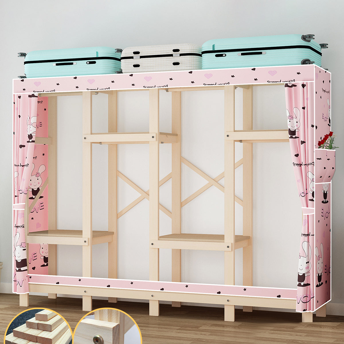 Contemporary Style Wardrobe Pine Solid Wood Wardrobe Closet with Legs