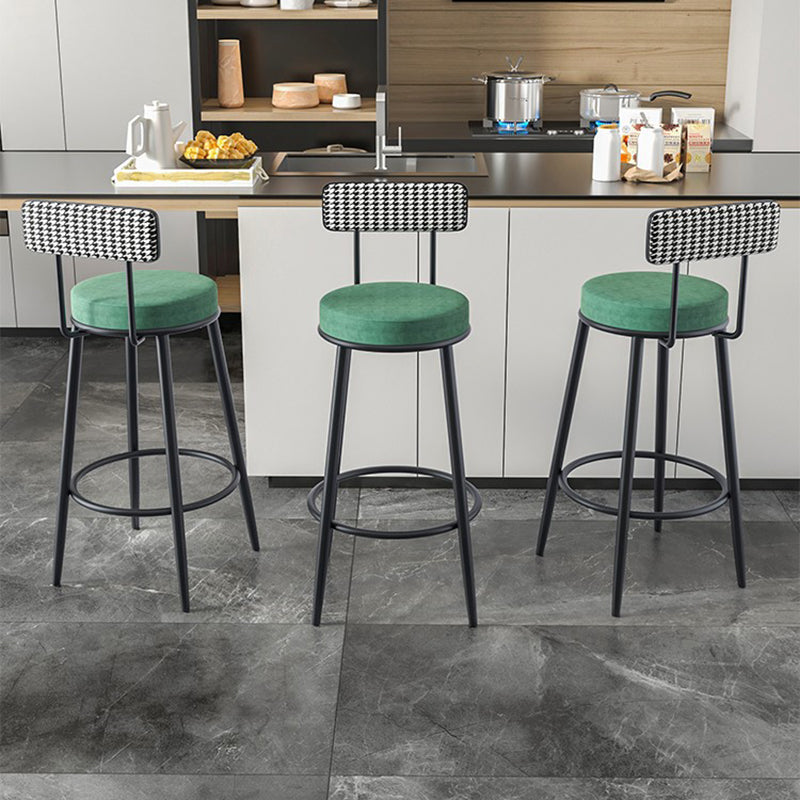 Fabric Round Seat Counter Stool Scandinavian Low Back Barstool with 4 Black Iron Legs