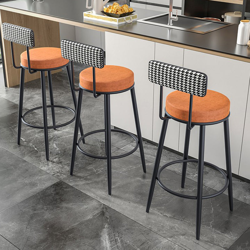 Fabric Round Seat Counter Stool Scandinavian Low Back Barstool with 4 Black Iron Legs