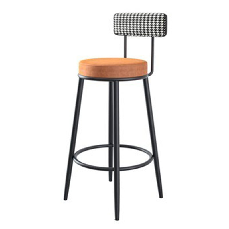 Fabric Round Seat Counter Stool Scandinavian Low Back Barstool with 4 Black Iron Legs
