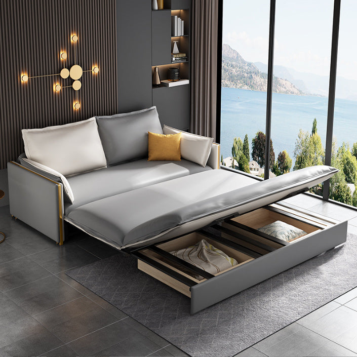 Modern Square Arm Sofa Bed Gray Faux Leather Sofa with Storage