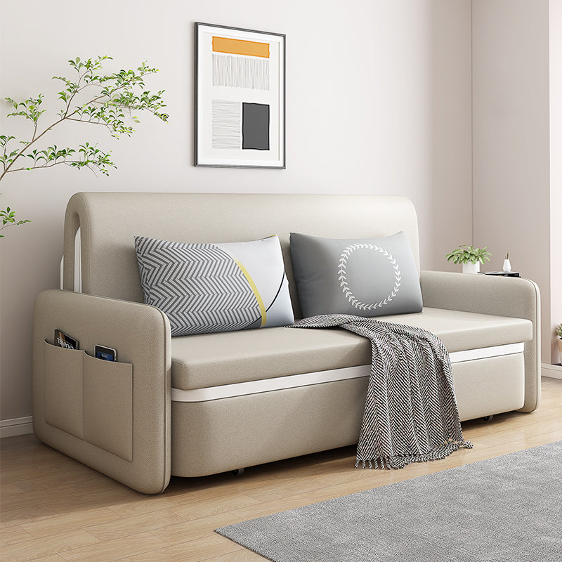 Modern Beige Color Sofa Bed Faux Leather Convertible Sofa with Pocket Storage