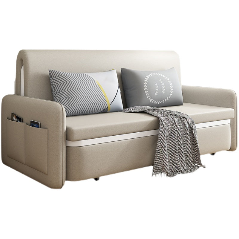Modern Beige Color Sofa Bed Faux Leather Convertible Sofa with Pocket Storage
