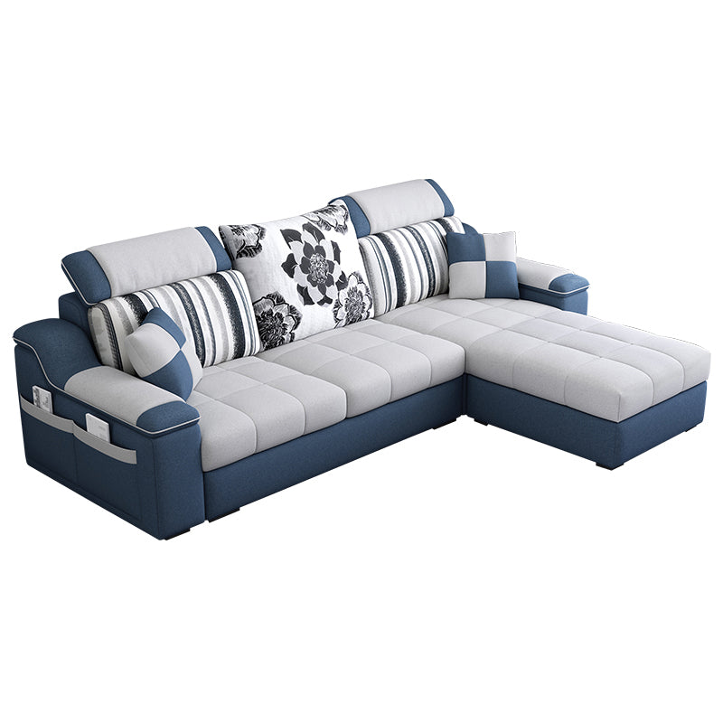 Pillow Top Linen Sofa & Chaise 31.5" H Loose Back Sofa in Grey and Blue