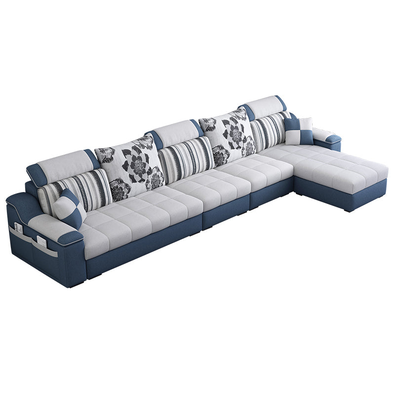 Pillow Top Linen Sofa & Chaise 31.5" H Loose Back Sofa in Grey and Blue