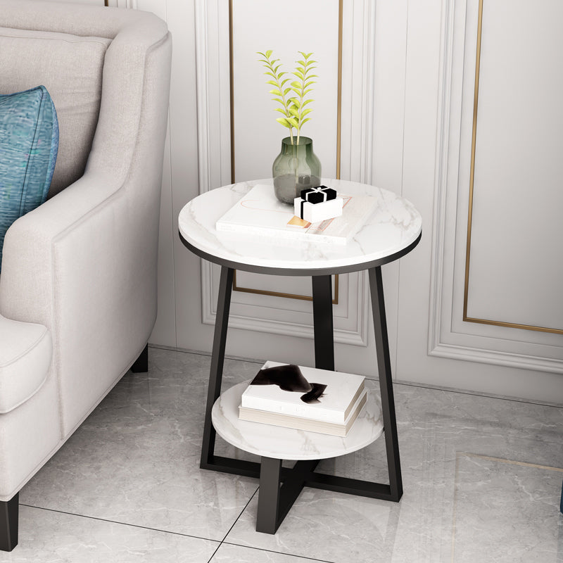 Round Slate Top Side Table 23.6" Tall Iron Cross Legs End Table with Shelf
