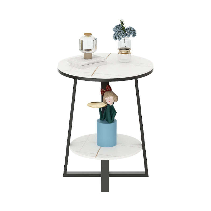 Round Slate Top Side Table 23.6" Tall Iron Cross Legs End Table with Shelf