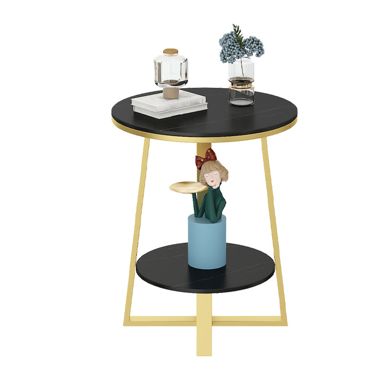 Round Slate Top Side Table 23.6" Tall Iron Cross Legs End Table with Shelf