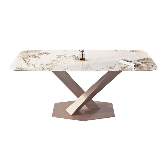 Modern Rectangle Dining Table Sintered Stone Table with Pedestal Base