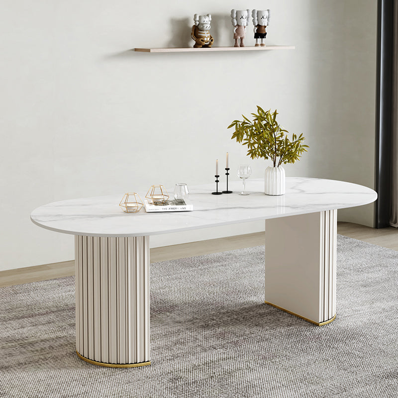 Simple Oval Dining Room Table Sintered Stone Top Double Pedestal Table