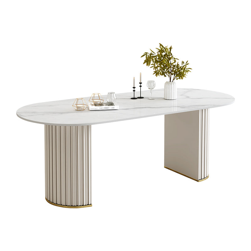 Simple Oval Dining Room Table Sintered Stone Top Double Pedestal Table