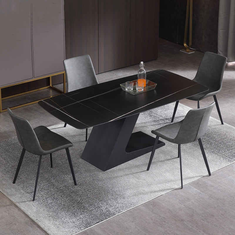 Black Stone Top Dining Table Modern Metal Pedestal Casual Dining Table